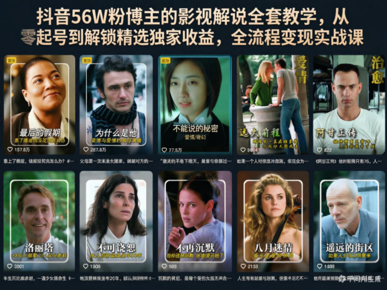 抖音56W粉博主的影视解说全套教学，从零起号到解锁精选独家收益，全流程变现实战课-靠谱项目库