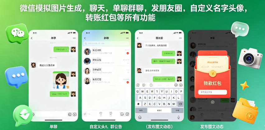 微信模拟图片生成,聊天,单聊群聊,发朋友圈,自定义名字头像,转账红包等所有功能都可以生成-靠谱项目库