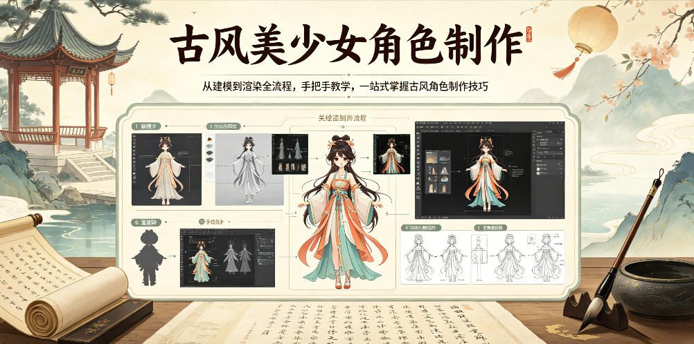 古风美少女角色制作，从建模到渲染全流程，手把手教学，一站式掌握古风角色制作技巧-靠谱项目库
