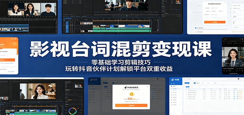 影视台词混剪变现课：零基础学习剪辑技巧，玩转抖音伙伴计划解锁平台双重收益-靠谱项目库