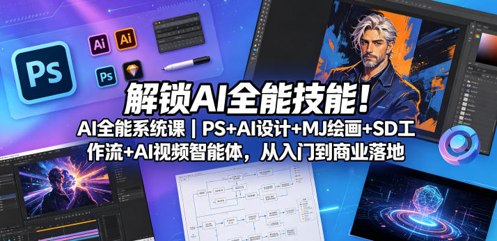 解锁AI全能技能！AI全能系统课｜PS+AI设计+MJ绘画+SD工作流+AI视频智能体，从入门到商业落地-靠谱项目库