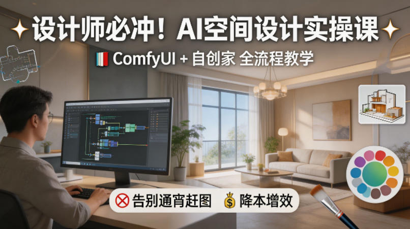 设计师必冲！AI空间设计实操课，ComfyUI+自创家全教学，告别通宵赶图，降本增效-靠谱项目库
