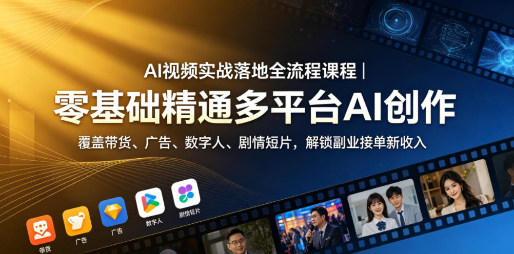 AI视频实战落地全流程课程｜零基础精通多平台AI创作，覆盖带货、广告、数字人、剧情短片，解锁副业接单新收入-靠谱项目库
