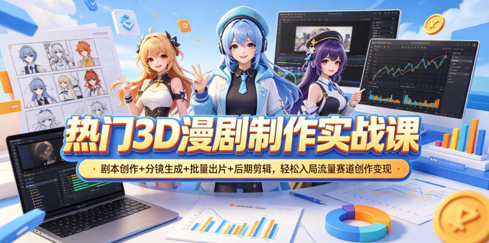 热门3D漫剧制作实战课，剧本创作+分镜生成+批量出片+后期剪辑，轻松入局流量赛道创作变现-靠谱项目库