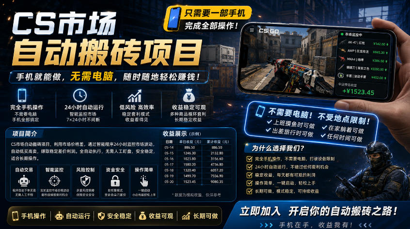 手机即可操作的CS市场自动搬砖系统｜自动监控｜自动下单|日入300+【揭秘】-靠谱项目库