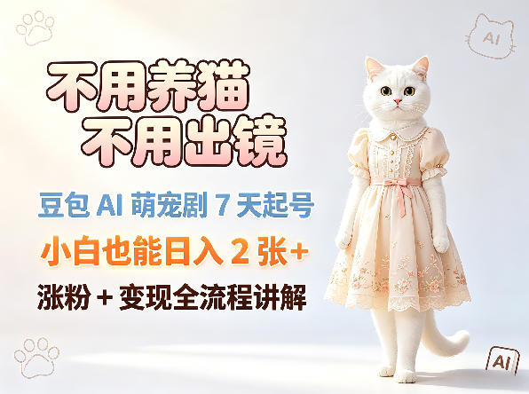 不用养猫不用出镜，豆包AI萌宠剧7天起号，小白也能日入2张+，涨粉+变现全流程讲解-靠谱项目库