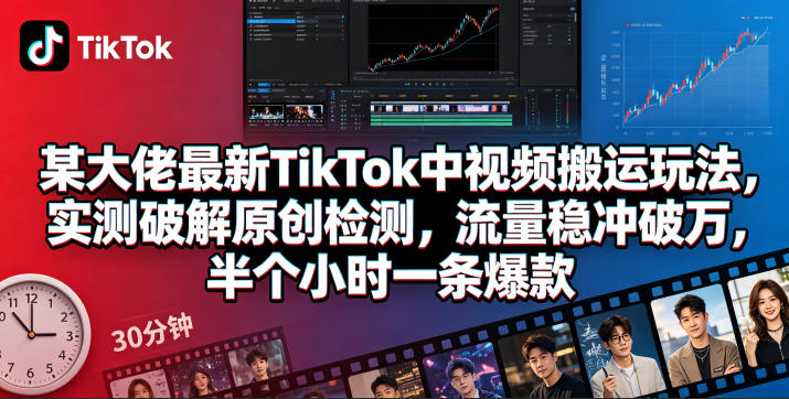 某大佬最新TikTok中视频搬运玩法，实测破解原创检测，流量稳冲破万，半个小时一条爆款-靠谱项目库