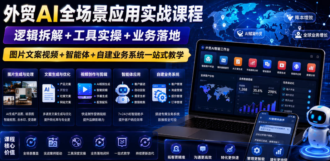 外贸AI全场景应用实战课程|逻辑拆解+工具实操+业务落地,图片文案视频+智能体+自建业务系统一站式教学-靠谱项目库