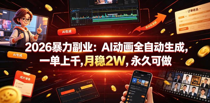 2026暴力副业：AI动画全自动生成，一单上千，月稳2W，永久可做【揭秘】-靠谱项目库