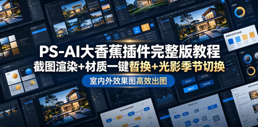 PS-AI大香蕉插件完整版教程，截图渲染+材质一键替换+光影季节切换，室内外效果图高效出图高阶课程-靠谱项目库