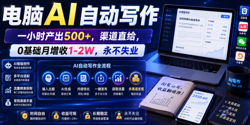 电脑AI自动写作，一小时产出500+，渠道直给，0基础月增收1-2W，永不失业【揭秘】-靠谱项目库