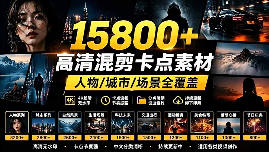 （19120期）【影视剪辑素材合集】15800+高清混剪卡点｜热门影视精彩片段｜人物/城市/场景全覆盖，中文分类清晰-靠谱项目库
