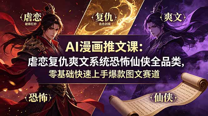 （19060期）AI漫画推文课：虐恋复仇爽文系统恐怖仙侠全品类，零基础快速上手爆款图文赛道-靠谱项目库