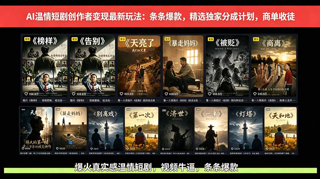 （18748期）AI温情短剧创作者变现最新玩法：视频牛逼，条条爆款，精选独家分成计划，商单收徒-靠谱项目库