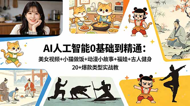 （18685期）AI人工智能0基础到精通：美女视频+小猫做饭+动漫小故事+福娃+古人健身，20+爆款类型实战教学-靠谱项目库