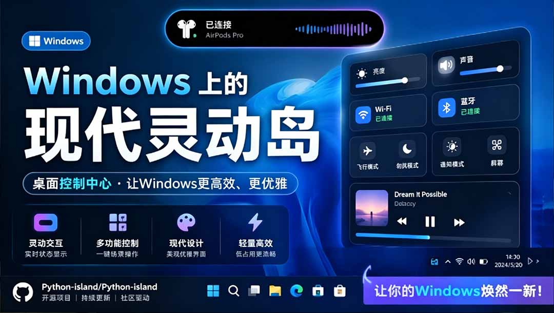 （19104期）Windows也能拥有桌面灵动岛！现代化的系统控制中心，让你的电脑多个黑刘海，PyIsland-靠谱项目库