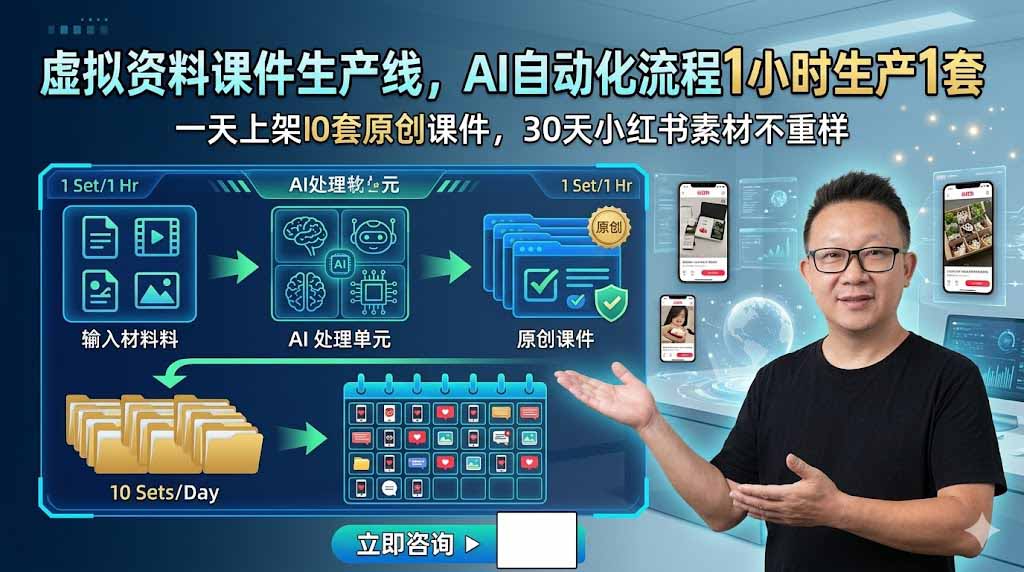 （19091期）虚拟资料课件生产线，AI自动化流程1小时生产1套，一天上架10套原创课件，30天小红书素材不重样-靠谱项目库