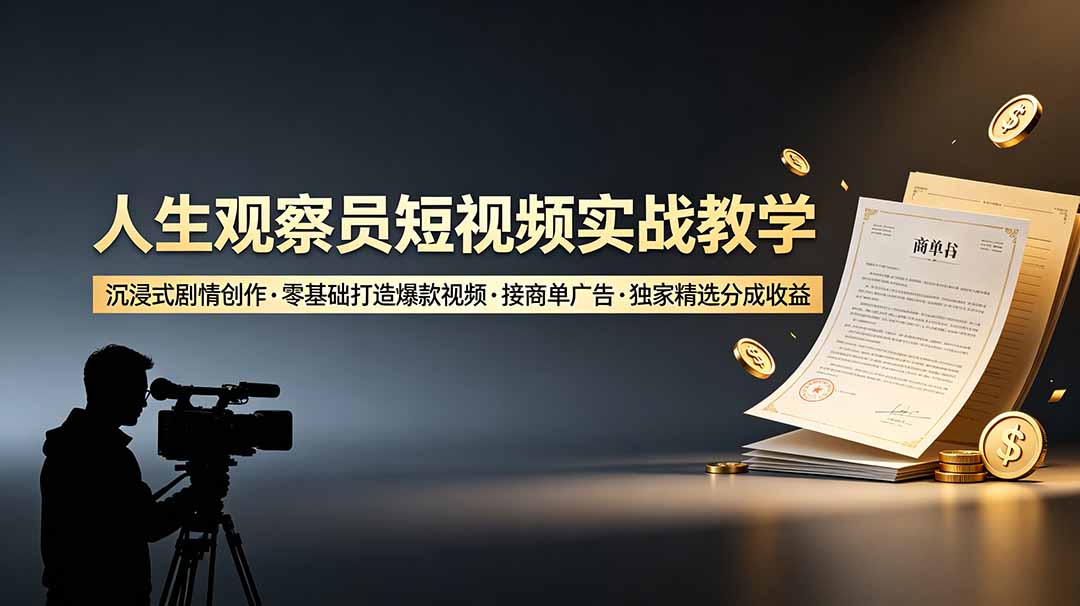 (19113期)人生观察员短视频实战教学,沉浸式剧情创作,零基础打造爆款视频,接商单广告,独家精选分成收益-靠谱项目库
