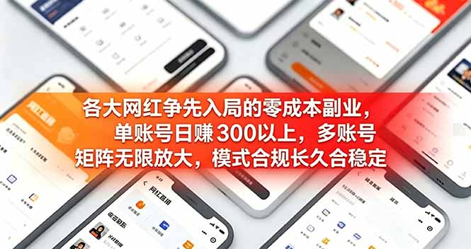 (19092期)各大网红争先入局的零成本副业,单账号日赚 300 以上,多号矩阵可放大,模式合规长久稳定!-靠谱项目库