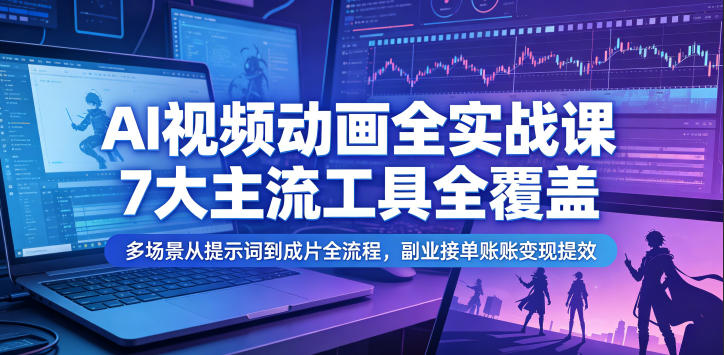 AI视频动画全实战课,7大主流工具全覆盖,多场景从提示词到成片全流程,副业接单账号变现提效-靠谱项目库