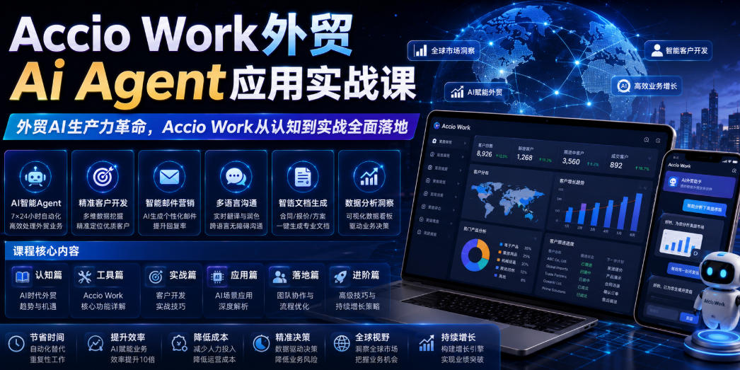 Accio Work外贸Ai Agent应用实战课，外贸AI生产力革命，Accio Work从认知到实战全面落地-靠谱项目库