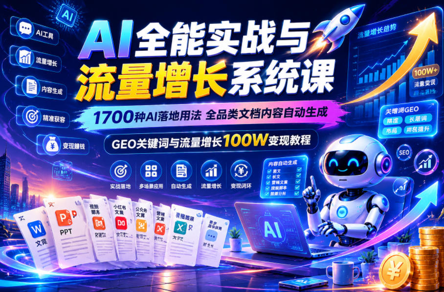 AI全能实战与流量增长系统课，1700种AI落地用法，全品类文档内容自动生成，GEO关键词与流量增长100W变现教程-靠谱项目库