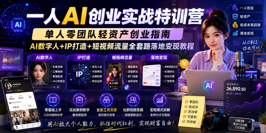 一人AI创业实战特训营，单人零团队轻资产创业指南，AI数字人+IP打造+短视频流量全套路落地变现教程-靠谱项目库