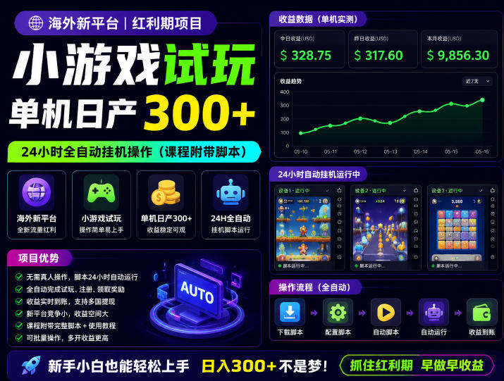 海外新平台，小游戏试玩，单机日产300+，24小时全自动挂G操作（课程附带脚本）【揭秘】-靠谱项目库
