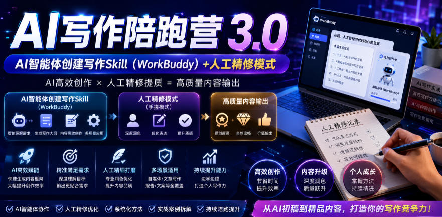 AI写作陪跑营3.0，Ai智能体创建写作skill（workbuddy）+人工手写模式（手搓模式），去除AI痕迹（头条号、公众号、百家号）-靠谱项目库