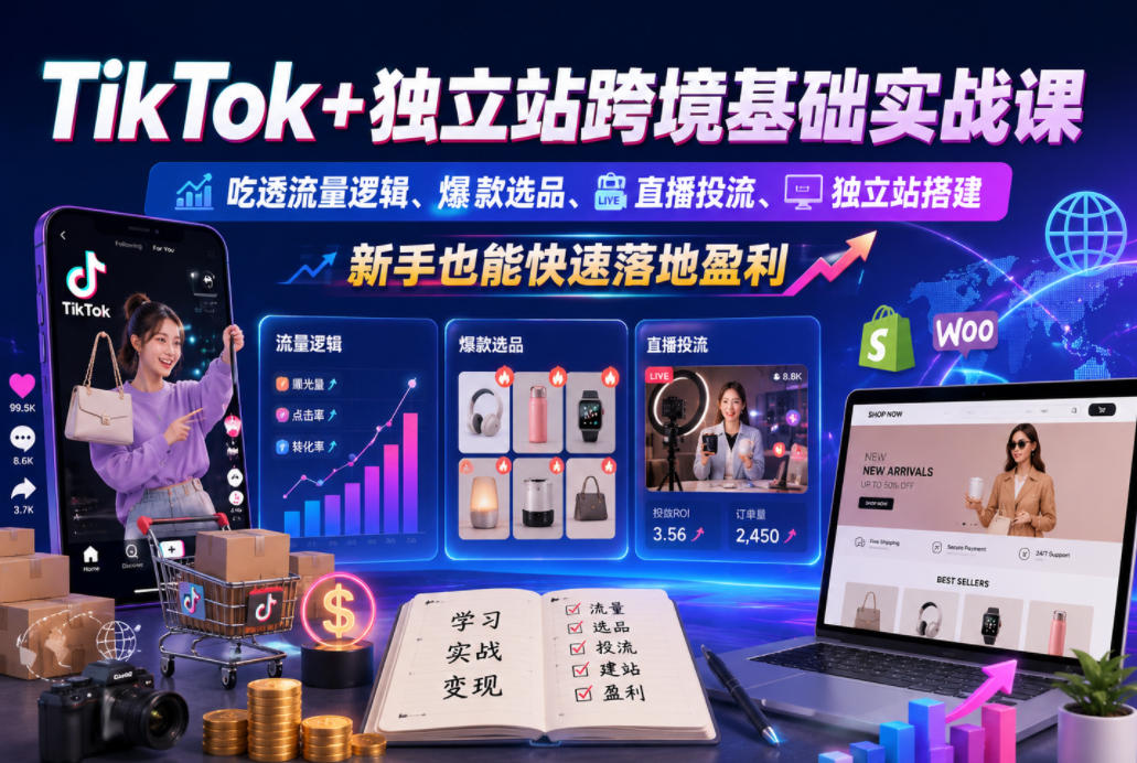 TikTok+独立站跨境基础实战课，吃透流量逻辑、爆款选品、直播投流与独立站搭建，新手也能快速落地盈利-靠谱项目库