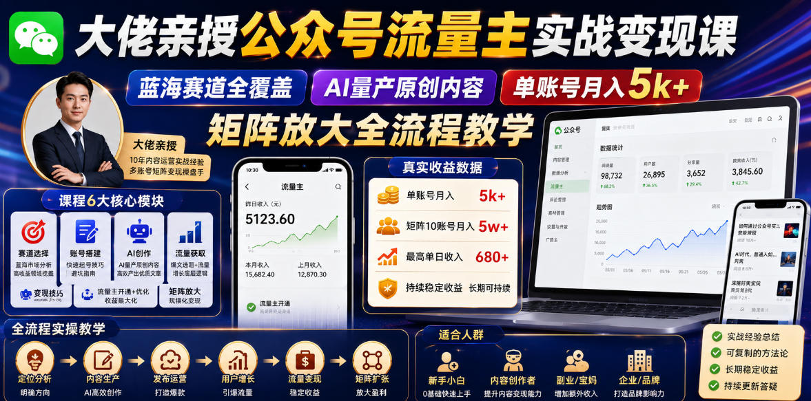 大佬亲授公众号流量主实战变现课，蓝海赛道全覆盖，AI量产原创内容，单账号月入5k+矩阵放大全流程教学-靠谱项目库