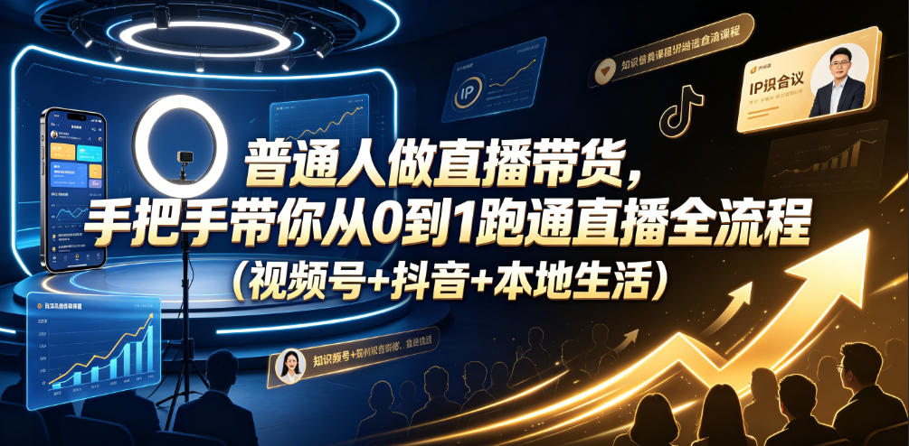 普通人做直播带货，手把手带你从0到1跑通直播全流程（视频号+抖音+本地生活）-靠谱项目库