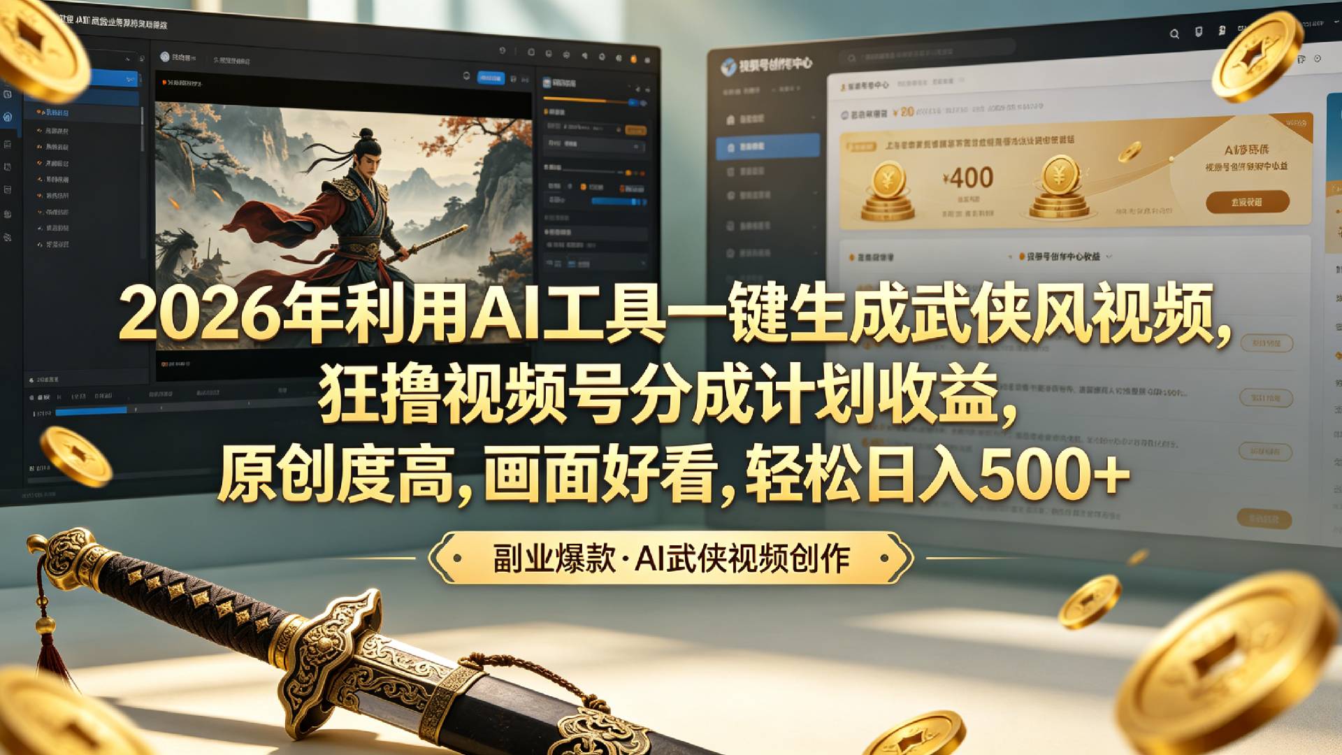 2026年利用AI工具一键生成武侠风视频,狂撸视频号分成计划收益,原创度高,画面好看,轻松日入500+-靠谱项目库