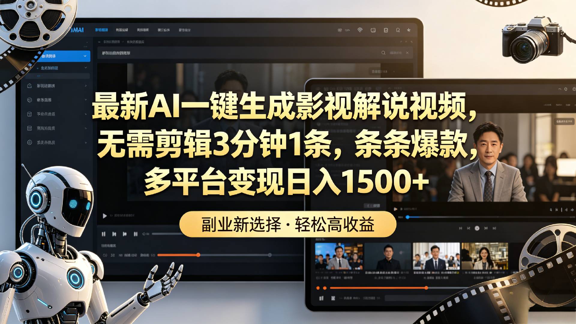 最新AI一键生成影视解说视频，无需剪辑3分钟1条，条条爆款，多平台变现日入1500+-靠谱项目库