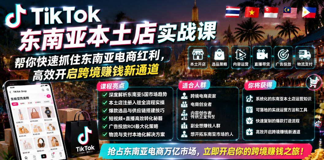 TikTok东南亚本土店实战课，帮你快速抓住东南亚电商红利，高效开启跨境賺钱新通道-靠谱项目库