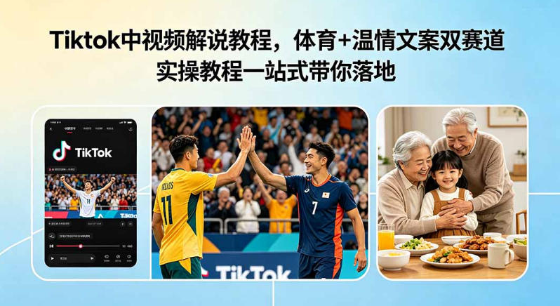 Tiktok中视频解说教程，体育+温情文案双赛道实操教程一站式带你落地，教你出海賺美刀-靠谱项目库