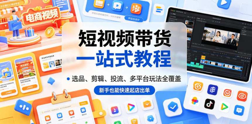 短视频带货一站式教程，选品、剪辑、投流、多平台玩法全覆盖，新手也能快速起店出单-靠谱项目库