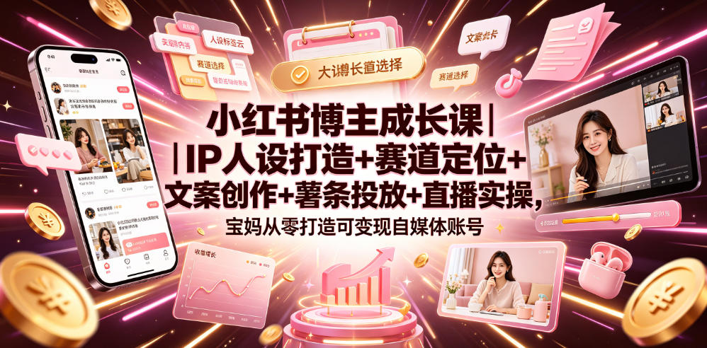 小红书博主成长课｜IP人设打造+赛道定位+文案创作+薯条投放+直播实操，宝妈从零打造可变现自媒体账号-靠谱项目库