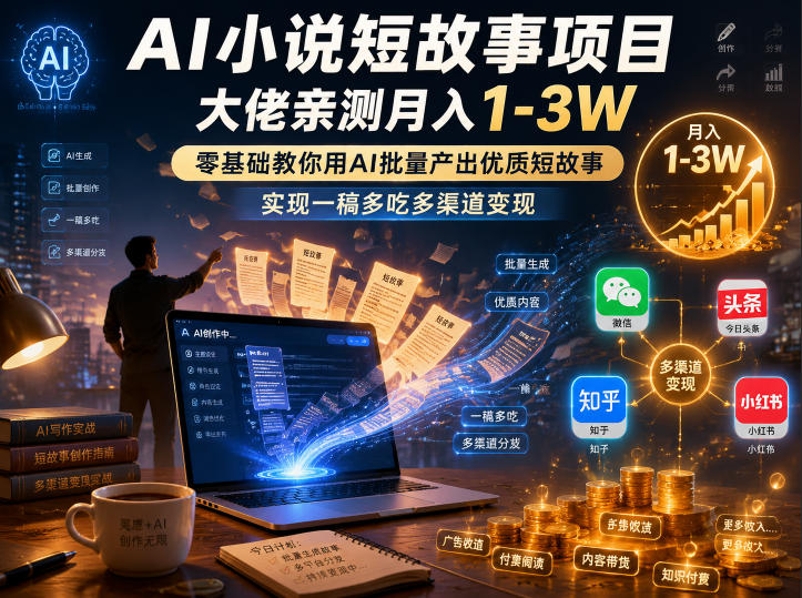 AI小说短故事项目,大佬亲测月入1-3W,零基础教你用AI批量产出优质短故事,实现一稿多吃多渠道变现-靠谱项目库