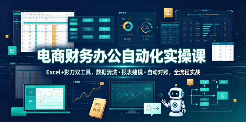 电商财务办公自动化实操课,Excel+影刀双工具,数据清洗・报表建模・自动对账,全流程实战-靠谱项目库