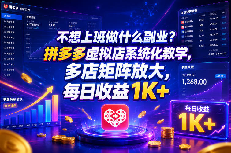 不想上班做什么副业?拼多多虚拟店系统化教学,多店矩阵放大,每日收益1K+【揭秘】-靠谱项目库