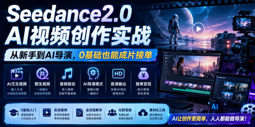 Seedance2.0 AI视频创作实战,从新手到AI导演,0基础也能成片接单变现-靠谱项目库