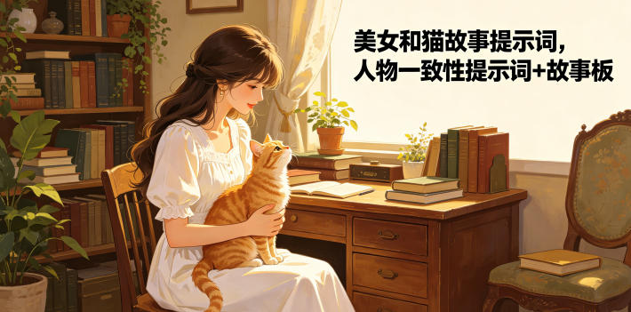 美女和猫故事提示词,人物一致性提示词+故事板-靠谱项目库