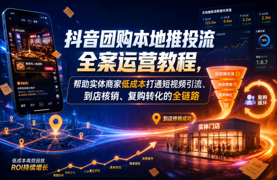 抖音团购本地推投流全案运营教程,帮助实体商家低成本打通短视频引流、到店核销、复购转化的全链路-靠谱项目库