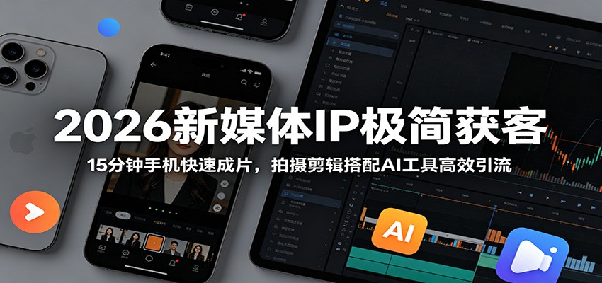 2026新媒体IP极简获客：15分钟手机快速成片，拍摄剪辑搭配AI工具高效引流-靠谱项目库