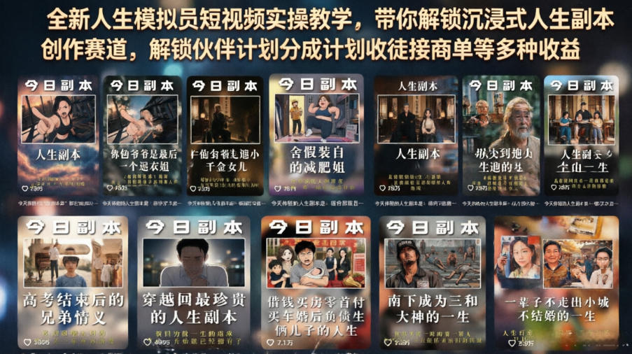 全新人生模拟员短视频实操教学，带你解锁沉浸式人生副本创作赛道，解锁伙伴计划分成计划收徒接商单等多种收益-靠谱项目库