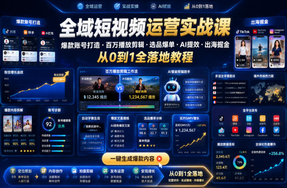 全域短视频运营实战课,爆款账号打造・百万播放剪辑・选品爆单・AI提效・出海掘金,从0到1全落地教程-靠谱项目库