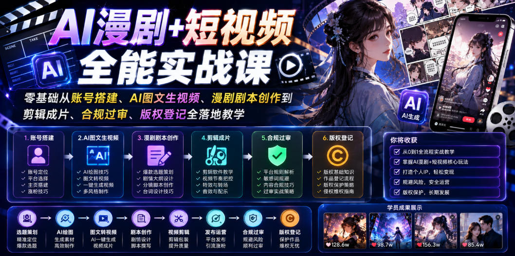 AI漫剧+短视频全能实战课|零基础从账号搭建、AI图文生视频、漫剧剧本创作到剪辑成片、合规过审、版权登记全落地教学-靠谱项目库