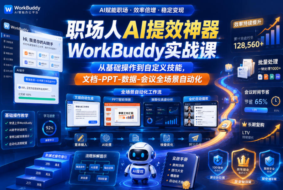 职场人AI提效神器WorkBuddy实战课,从基础操作到自定义技能,文档-PPT-数据-会议全场景自动化-靠谱项目库
