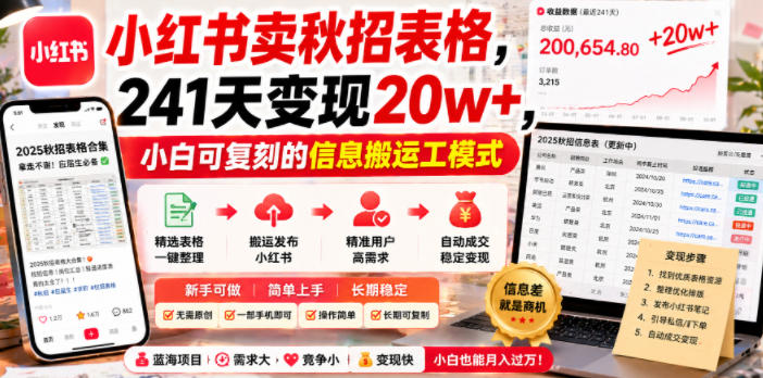 小红书卖秋招表格，241天变现20w+，小白可复刻的信息搬运工模式-靠谱项目库